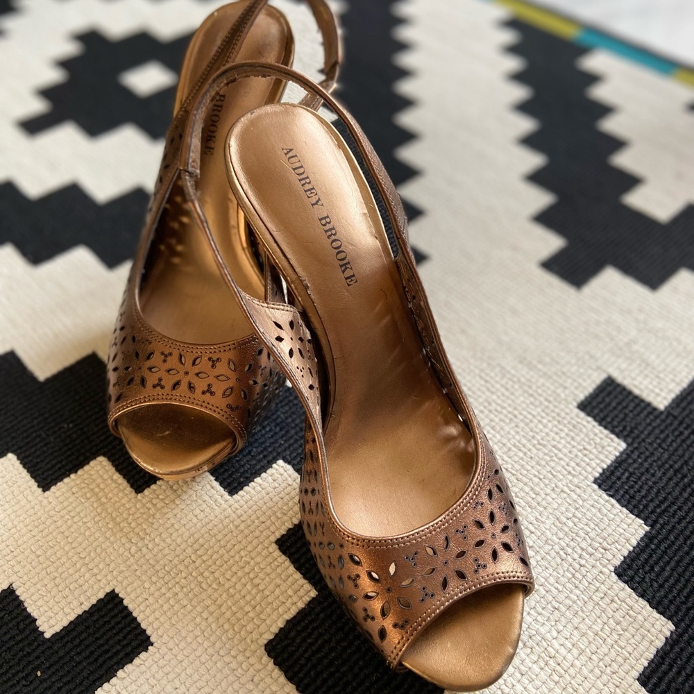 Audrey Brooke Leather Cut Out Copper Peep Toe Sling Backs